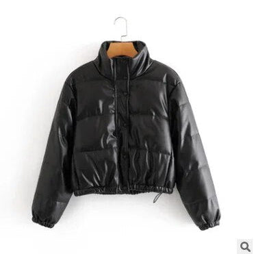 Bread Clothes Autumn Winter Leather Cotton Clothes American Style Collar Leather Jacket Women Warm Short Fashion Overcoming black