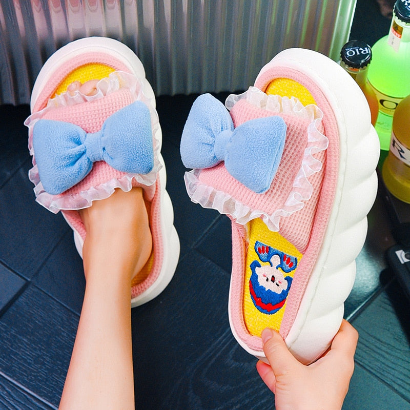 Breathable Linen Slippers Women Cute Squirrel Home Platform Shoes Comfort Cartoon Couples Indoor Slipper Ladies Fashion Slides princess pink