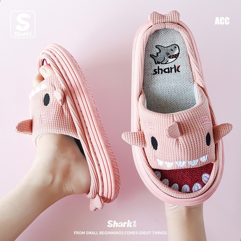 Breathable Linen Slippers Women Cute Squirrel Home Platform Shoes Comfort Cartoon Couples Indoor Slipper Ladies Fashion Slides shark pink