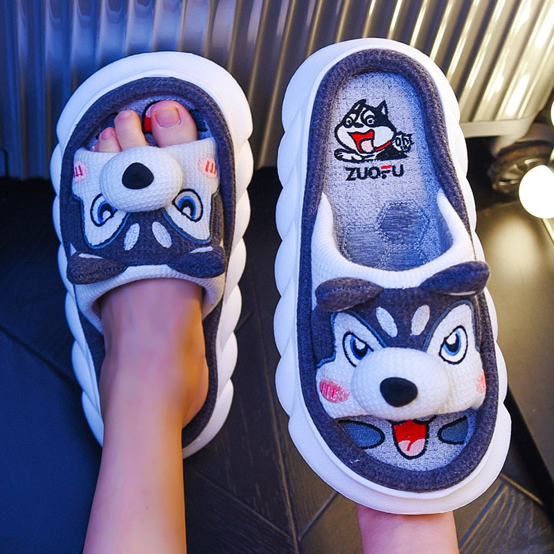 Breathable Linen Slippers Women Cute Squirrel Home Platform Shoes Comfort Cartoon Couples Indoor Slipper Ladies Fashion Slides erha