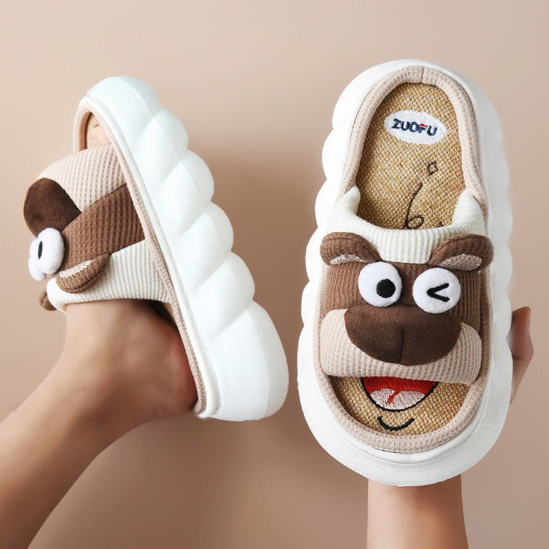 Breathable Linen Slippers Women Cute Squirrel Home Platform Shoes Comfort Cartoon Couples Indoor Slipper Ladies Fashion Slides bear brown