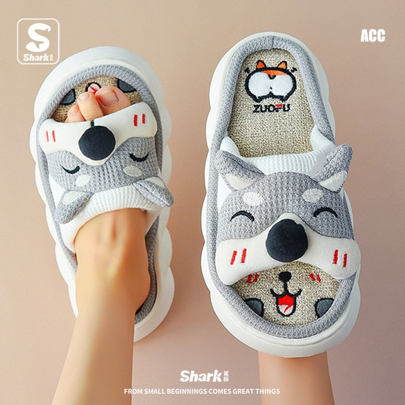 Breathable Linen Slippers Women Cute Squirrel Home Platform Shoes Comfort Cartoon Couples Indoor Slipper Ladies Fashion Slides keji gray