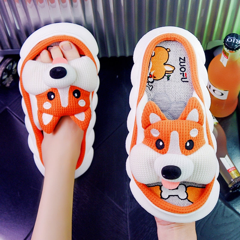 Breathable Linen Slippers Women Cute Squirrel Home Platform Shoes Comfort Cartoon Couples Indoor Slipper Ladies Fashion Slides chaiquan