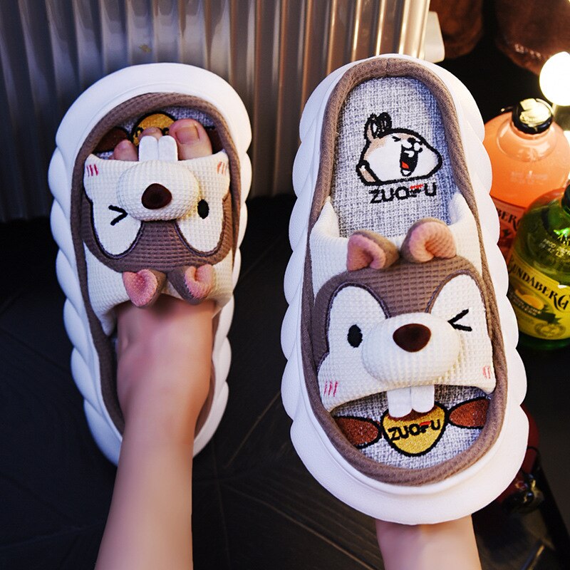 Breathable Linen Slippers Women Cute Squirrel Home Platform Shoes Comfort Cartoon Couples Indoor Slipper Ladies Fashion Slides Squirrel coffee