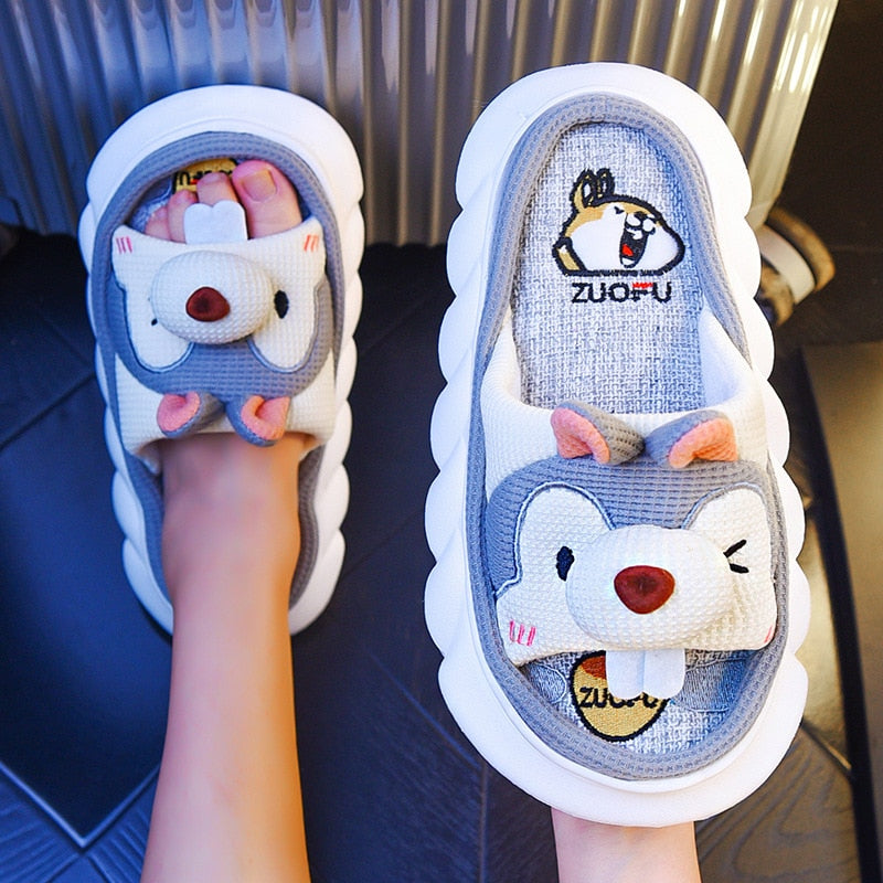 Breathable Linen Slippers Women Cute Squirrel Home Platform Shoes Comfort Cartoon Couples Indoor Slipper Ladies Fashion Slides Squirrel gray