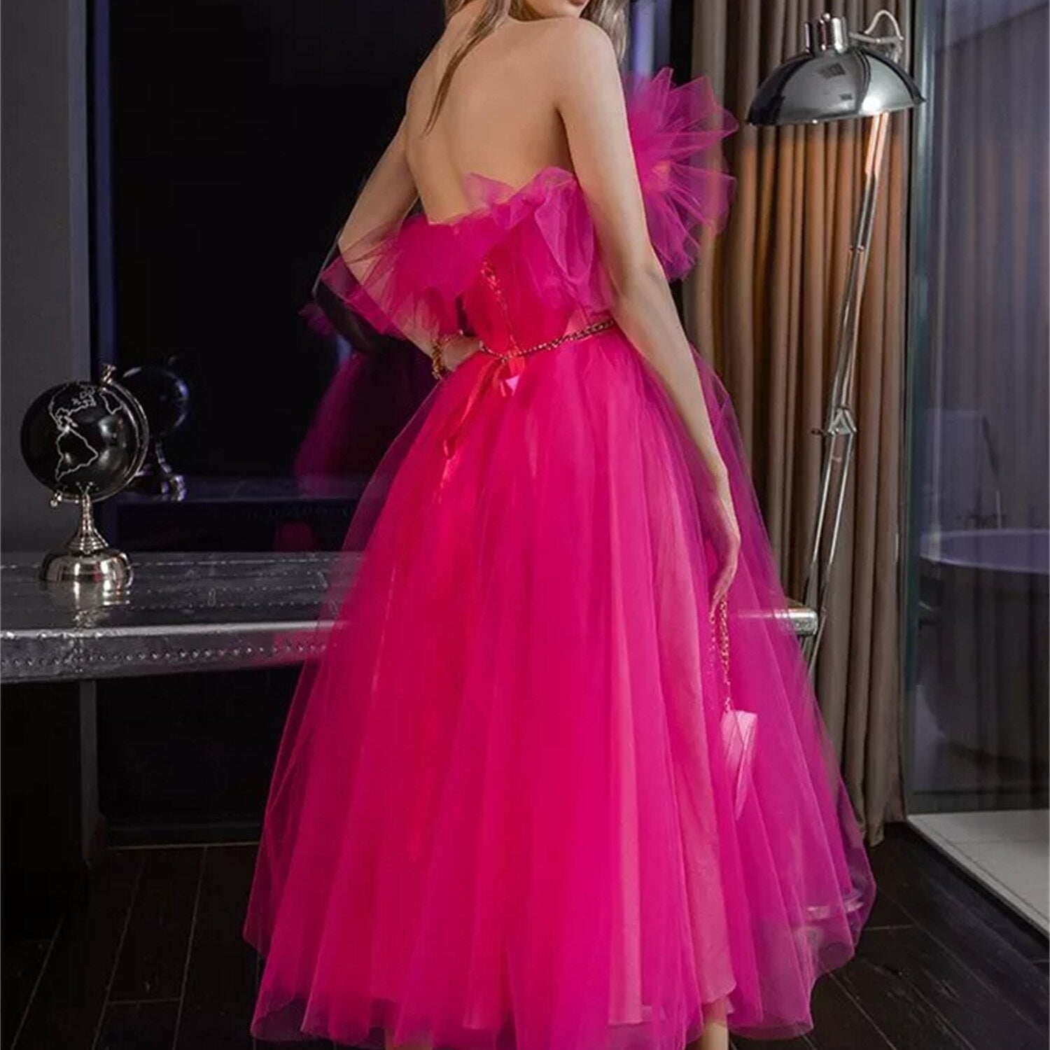Bright Fuchsia Ruffles Tulle Homecoming Dresses Tea length Short Hoco Prom Dress A-Line Vestidos De Gala Party Gowns