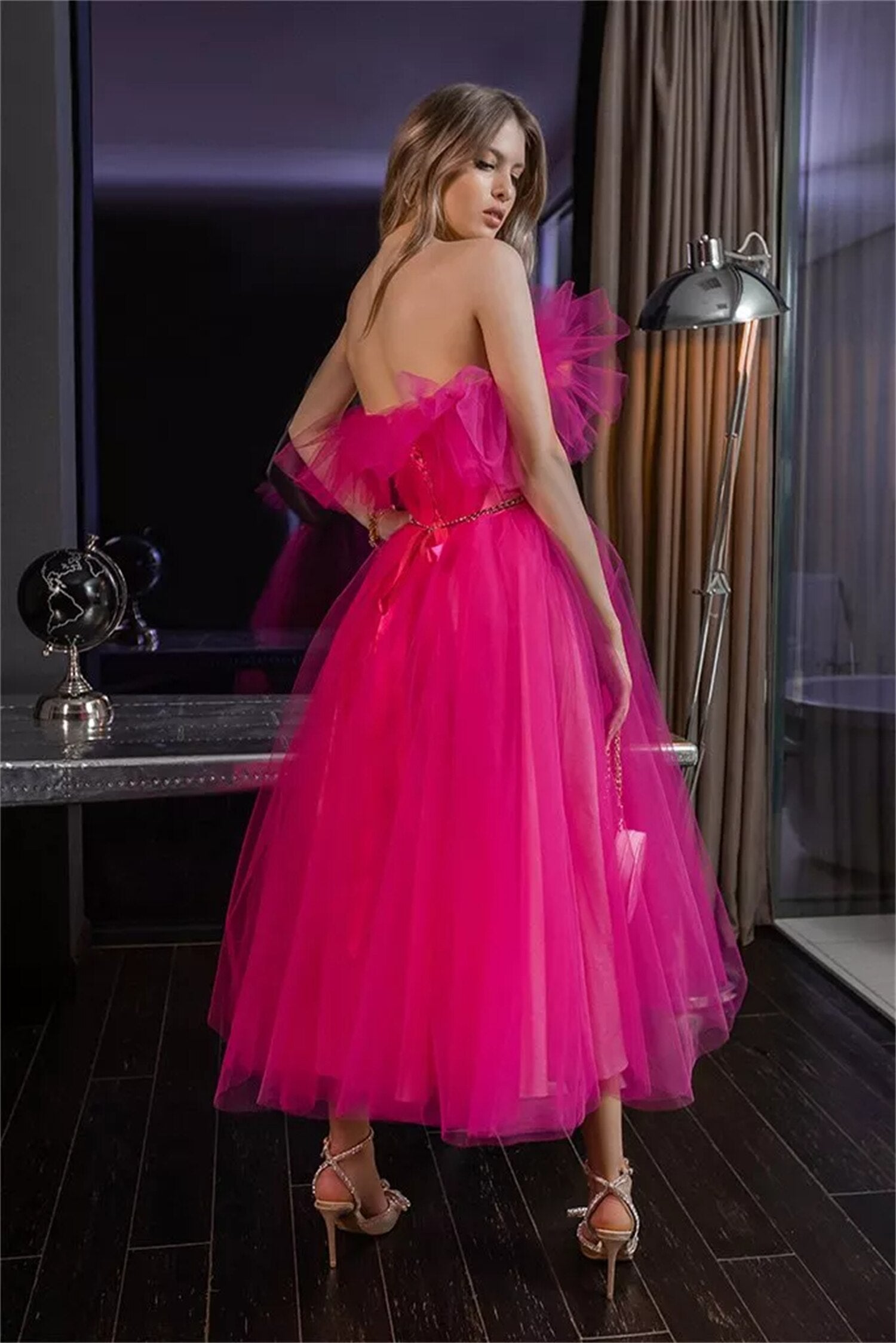 Bright Fuchsia Ruffles Tulle Homecoming Dresses Tea length Short Hoco Prom Dress A-Line Vestidos De Gala Party Gowns