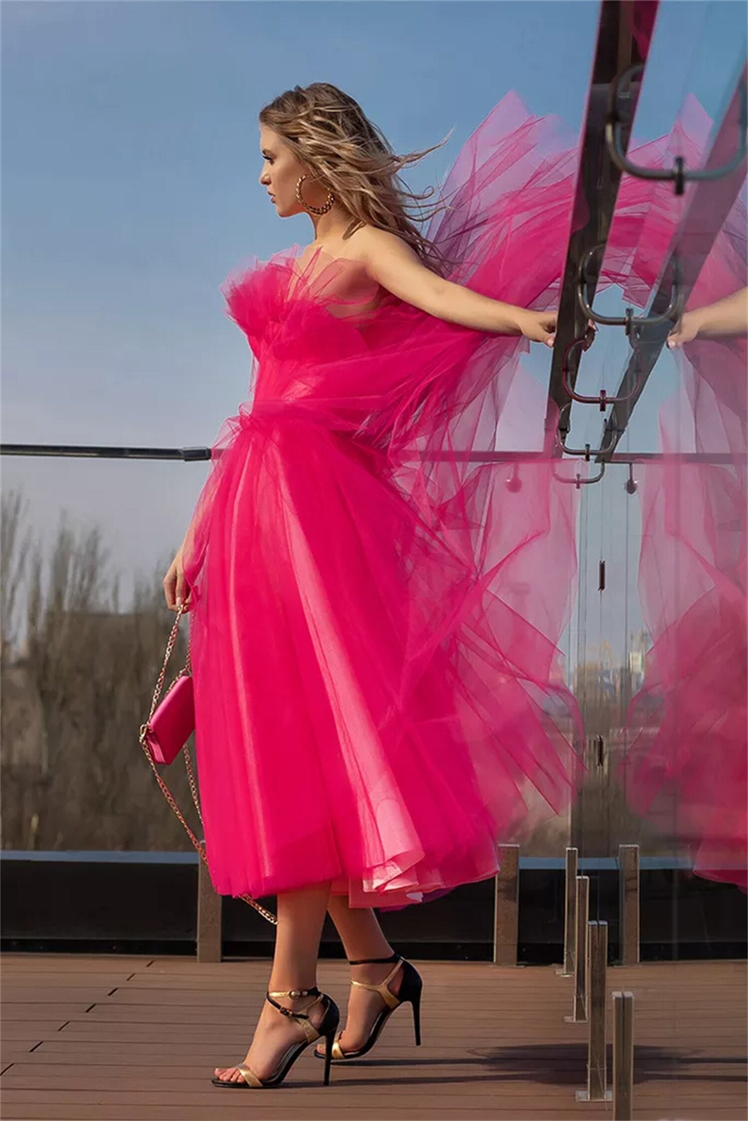 Bright Fuchsia Ruffles Tulle Homecoming Dresses Tea length Short Hoco Prom Dress A-Line Vestidos De Gala Party Gowns