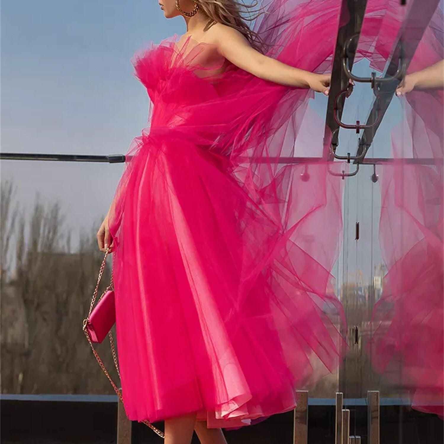 Bright Fuchsia Ruffles Tulle Homecoming Dresses Tea length Short Hoco Prom Dress A-Line Vestidos De Gala Party Gowns