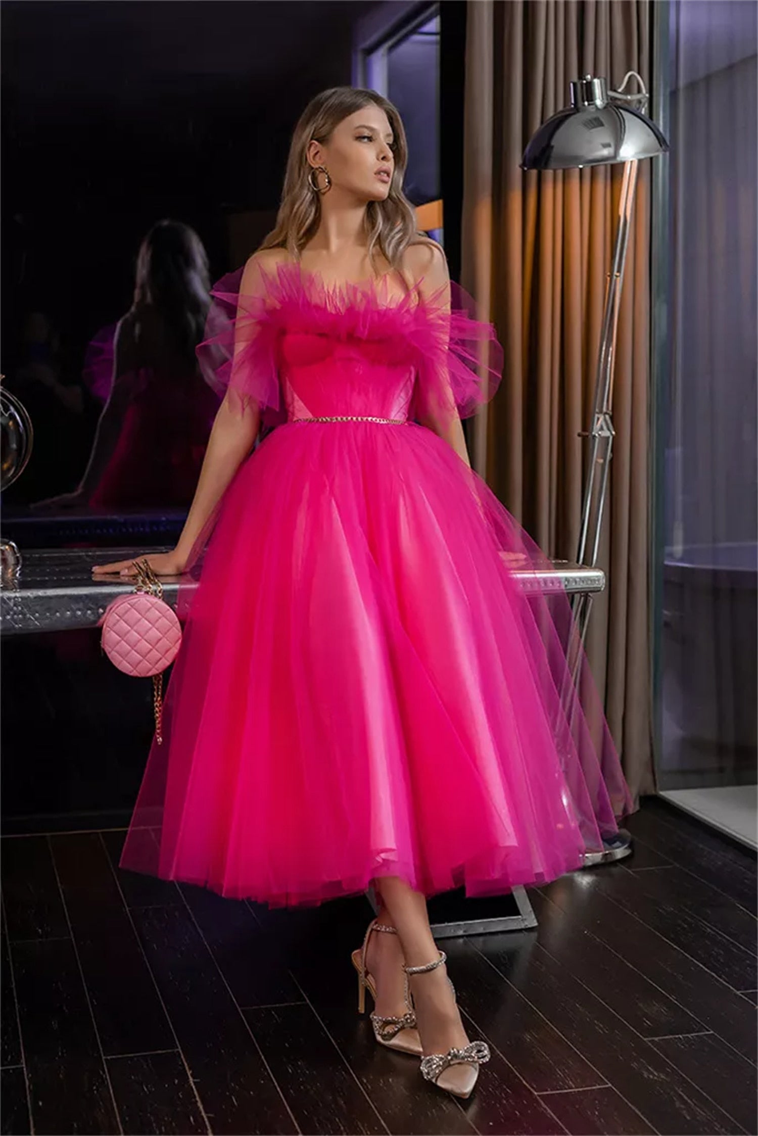 Bright Fuchsia Ruffles Tulle Homecoming Dresses Tea length Short Hoco Prom Dress A-Line Vestidos De Gala Party Gowns Rose red