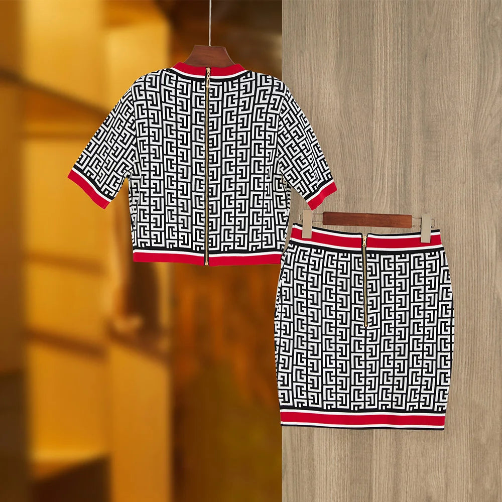 British Vintage Design Short Length Geometrical Pattern Mini Women Summer 2PCs Skirt Sets Knitting with Shoulder Pad Top