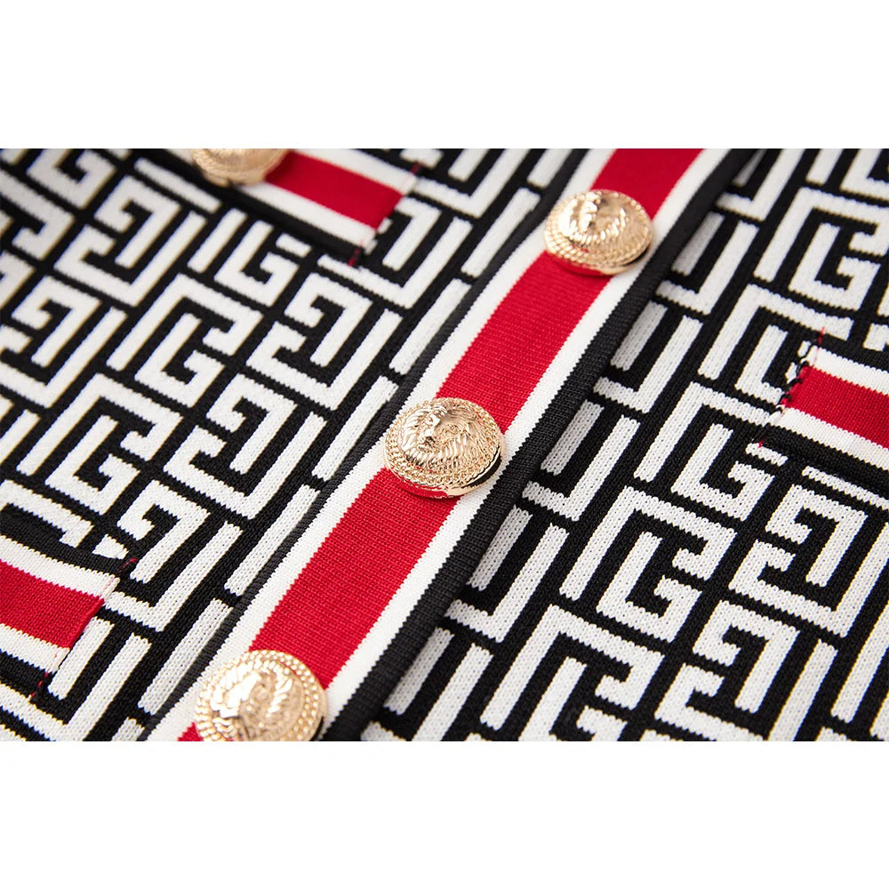 British Vintage Design Short Length Geometrical Pattern Mini Women Summer 2PCs Skirt Sets Knitting with Shoulder Pad Top