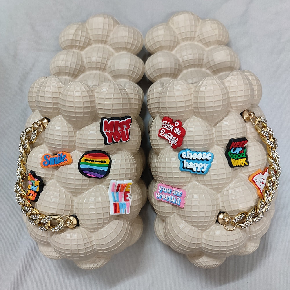 Bubble Slides With Charms For Women Fashion Chain Inspirational Quotes Bubble Sandals - House Slippers Platform Shoes for Men gold happye white