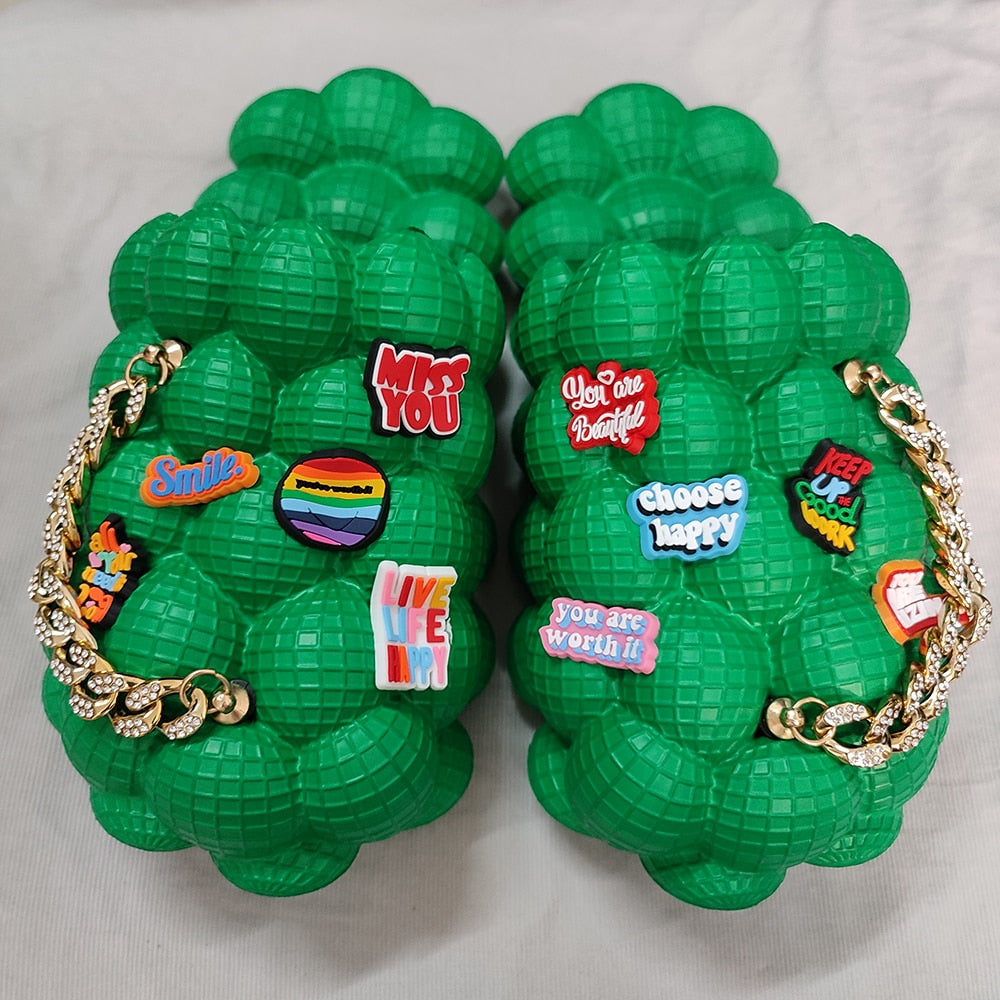 Bubble Slides With Charms For Women Fashion Chain Inspirational Quotes Bubble Sandals - House Slippers Platform Shoes for Men gold happy green