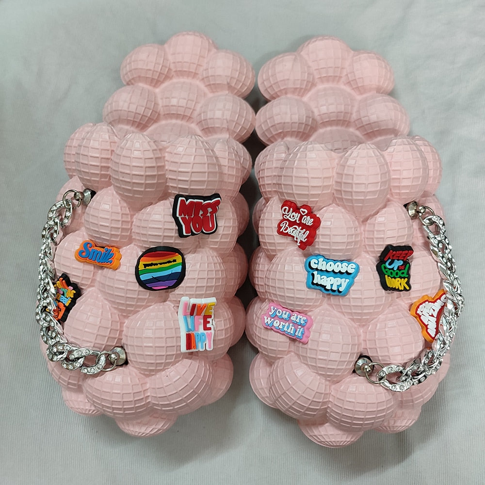 Bubble Slides With Charms For Women Fashion Chain Inspirational Quotes Bubble Sandals - House Slippers Platform Shoes for Men silver happy pink