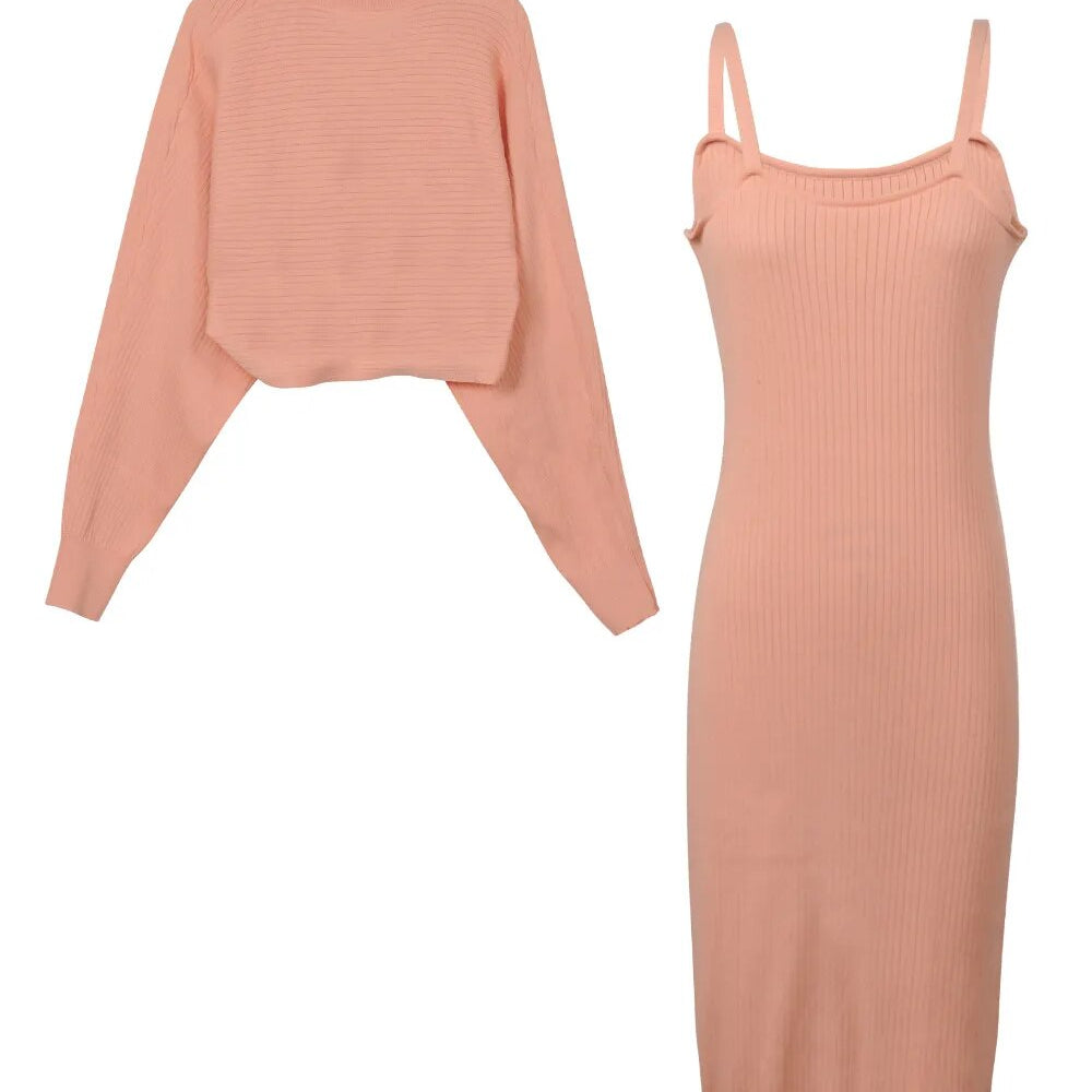 BubbleKiss Elegant Slim Two-piece Dress Sets Winter Women Knitted Dress Set Autumn Sweater Tank Dress Outfit Female Home Suit Pink