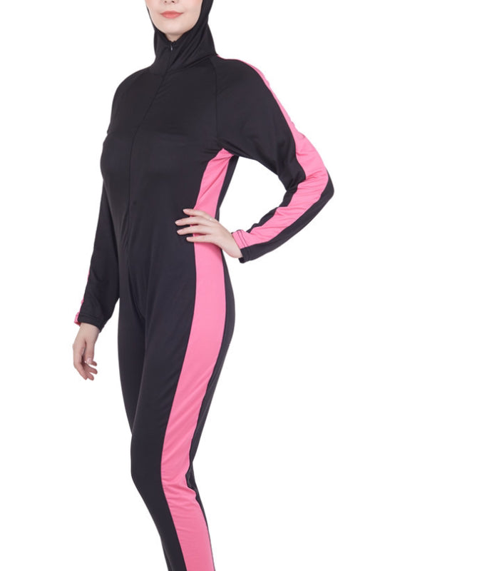 Burkini Conservative One-piece Swimsuit Color Matching Ladies Wetsuit Black powder