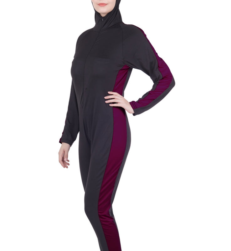 Burkini Conservative One-piece Swimsuit Color Matching Ladies Wetsuit Black purple