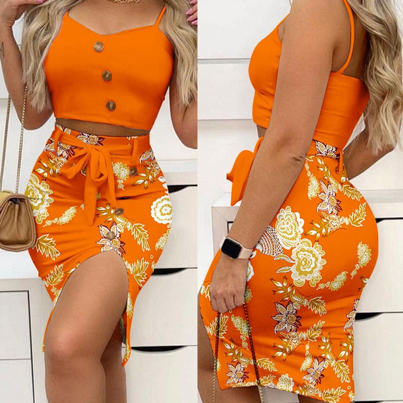 Button Decor Cami Crop Top - Split Skirt Set Women 2pcs Clothes Set Solid Color Sleeveless Tanks Camis High Waist Slim Skirt LZJ1847C