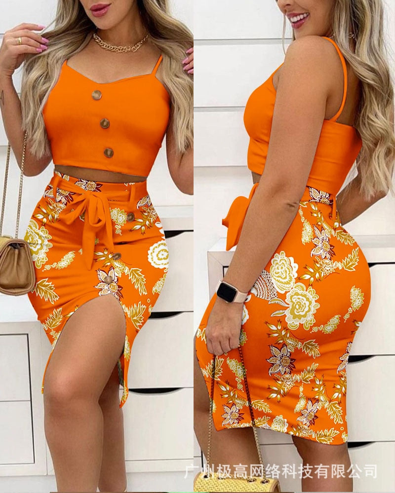 Button Decor Cami Crop Top - Split Skirt Set Women 2pcs Clothes Set Solid Color Sleeveless Tanks Camis High Waist Slim Skirt LZJ1847C