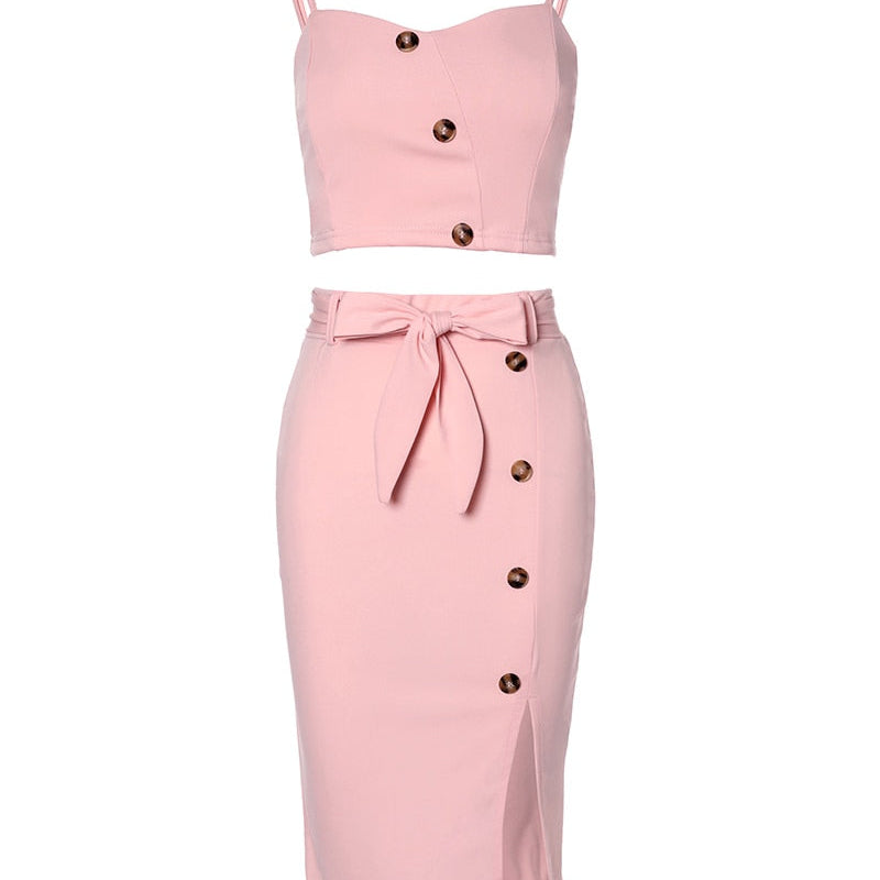 Button Decor Cami Crop Top - Split Skirt Set Women 2pcs Clothes Set Solid Color Sleeveless Tanks Camis High Waist Slim Skirt
