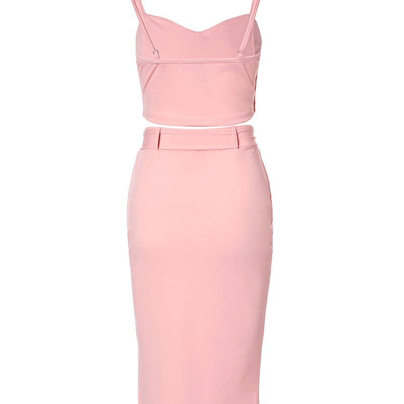 Button Decor Cami Crop Top - Split Skirt Set Women 2pcs Clothes Set Solid Color Sleeveless Tanks Camis High Waist Slim Skirt