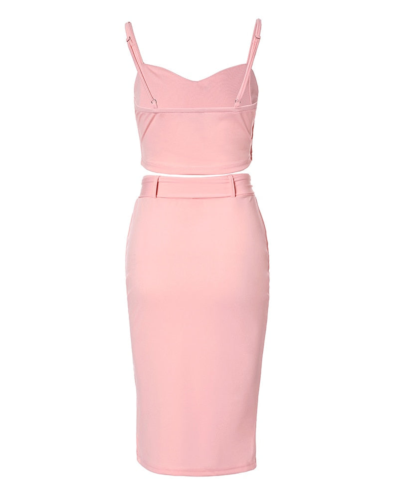 Button Decor Cami Crop Top - Split Skirt Set Women 2pcs Clothes Set Solid Color Sleeveless Tanks Camis High Waist Slim Skirt