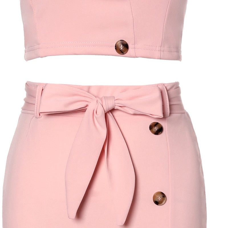 Button Decor Cami Crop Top - Split Skirt Set Women 2pcs Clothes Set Solid Color Sleeveless Tanks Camis High Waist Slim Skirt