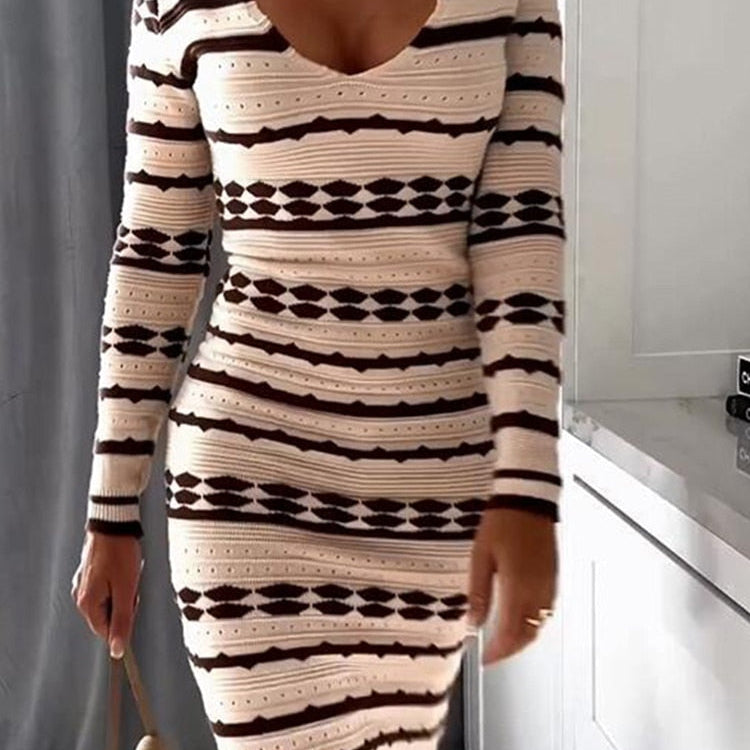 ByeMyLove Striped Knit Dress Women Knee Length Skinny Long Sleeve Casual Striped Sweater Dresses Women Warm Autumn Winter New