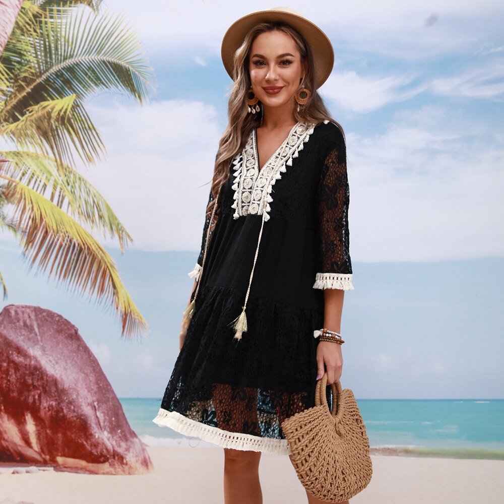 CGYY Sexy Women Beach Cover Tunic Bathing Suits - Elegant Casual Light Summer Boho Dresses V Neck Bikinis Beachwear