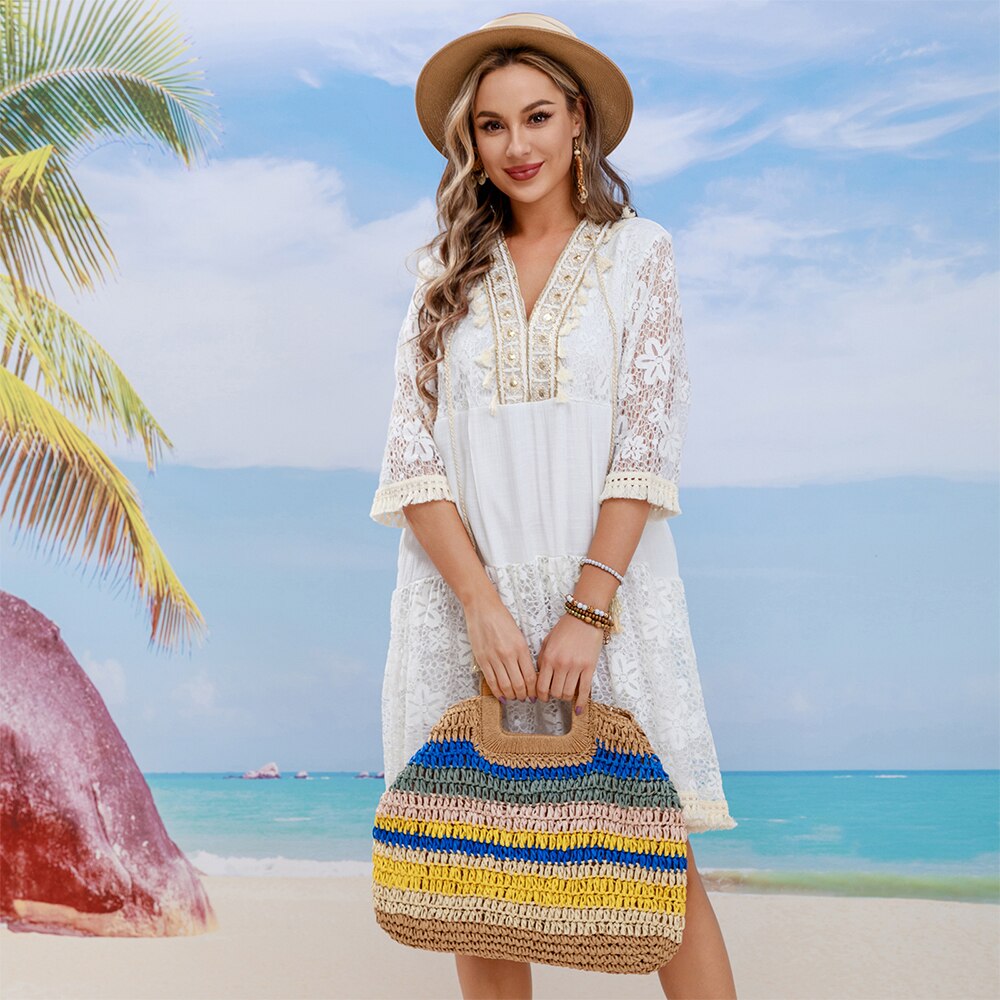 CGYY Sexy Women Beach Cover Tunic Bathing Suits - Elegant Casual Light Summer Boho Dresses V Neck Bikinis Beachwear White One Size