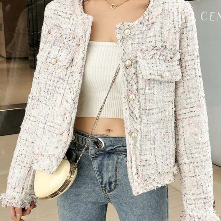 CJFHJE New Fashion Spring Women French High Quality Single-Breasted Tweed Woolen Coat Round Neck Long Sleeve Tassel Jacket AMAIO