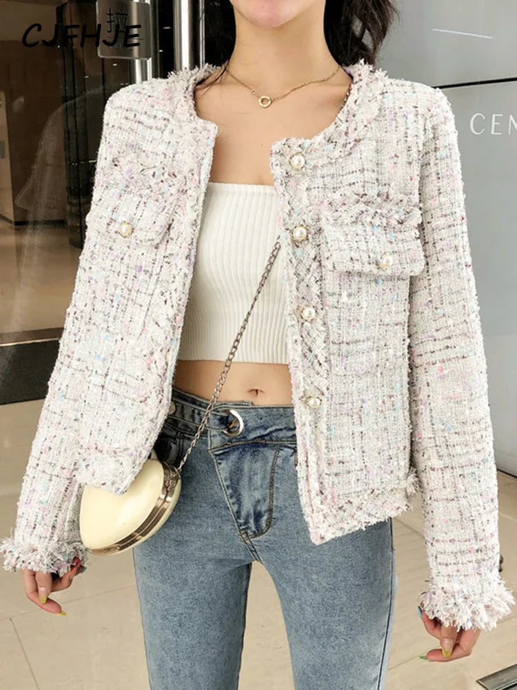 Spring Women French Single-Breasted Tweed Woolen Coat Round Neck Long Sleeve Tassel Jacket