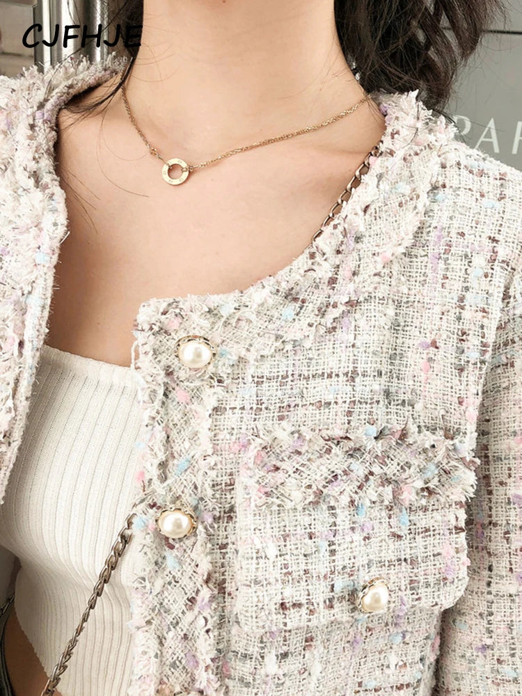 Spring Women French Single-Breasted Tweed Woolen Coat Round Neck Long Sleeve Tassel Jacket