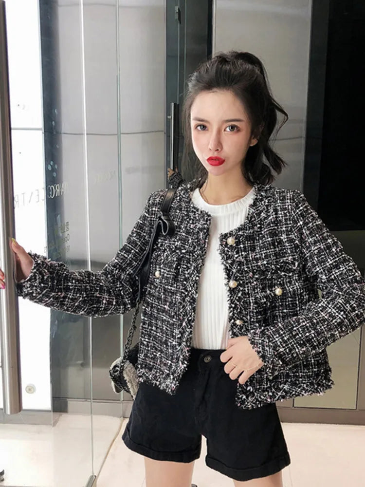 Spring Women French Single-Breasted Tweed Woolen Coat Round Neck Long Sleeve Tassel Jacket Photo Color