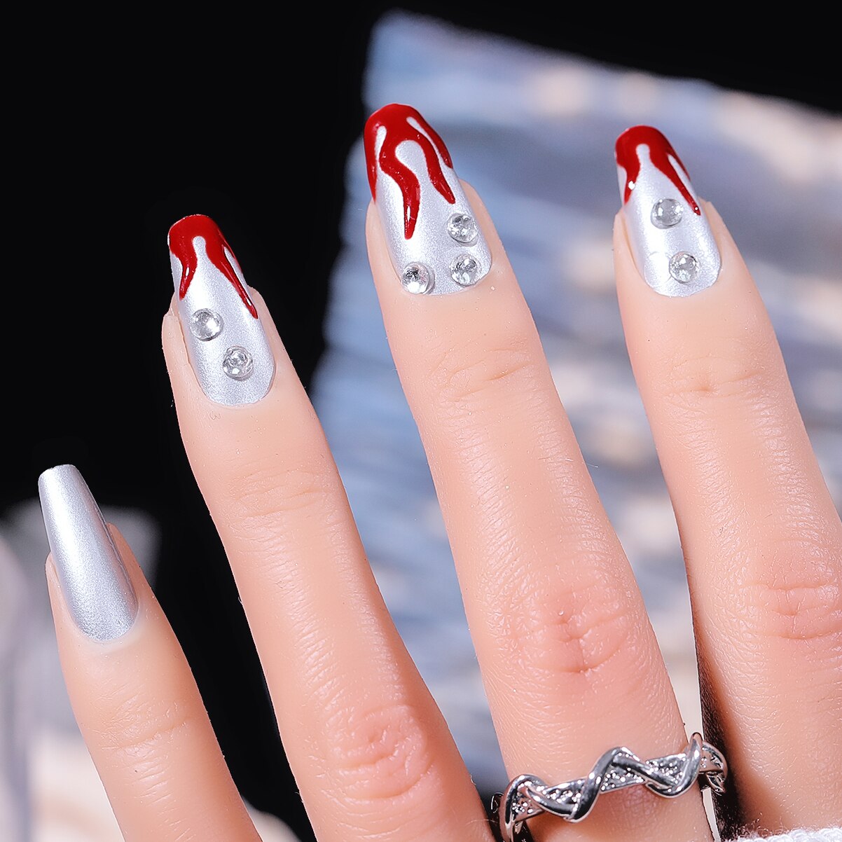 CNHIDS 24Pcs Charming Sparkling Purple Long Coffin False Nail Press On Nail Tips Girl Decoration Crystal Fake Nail With Design 3