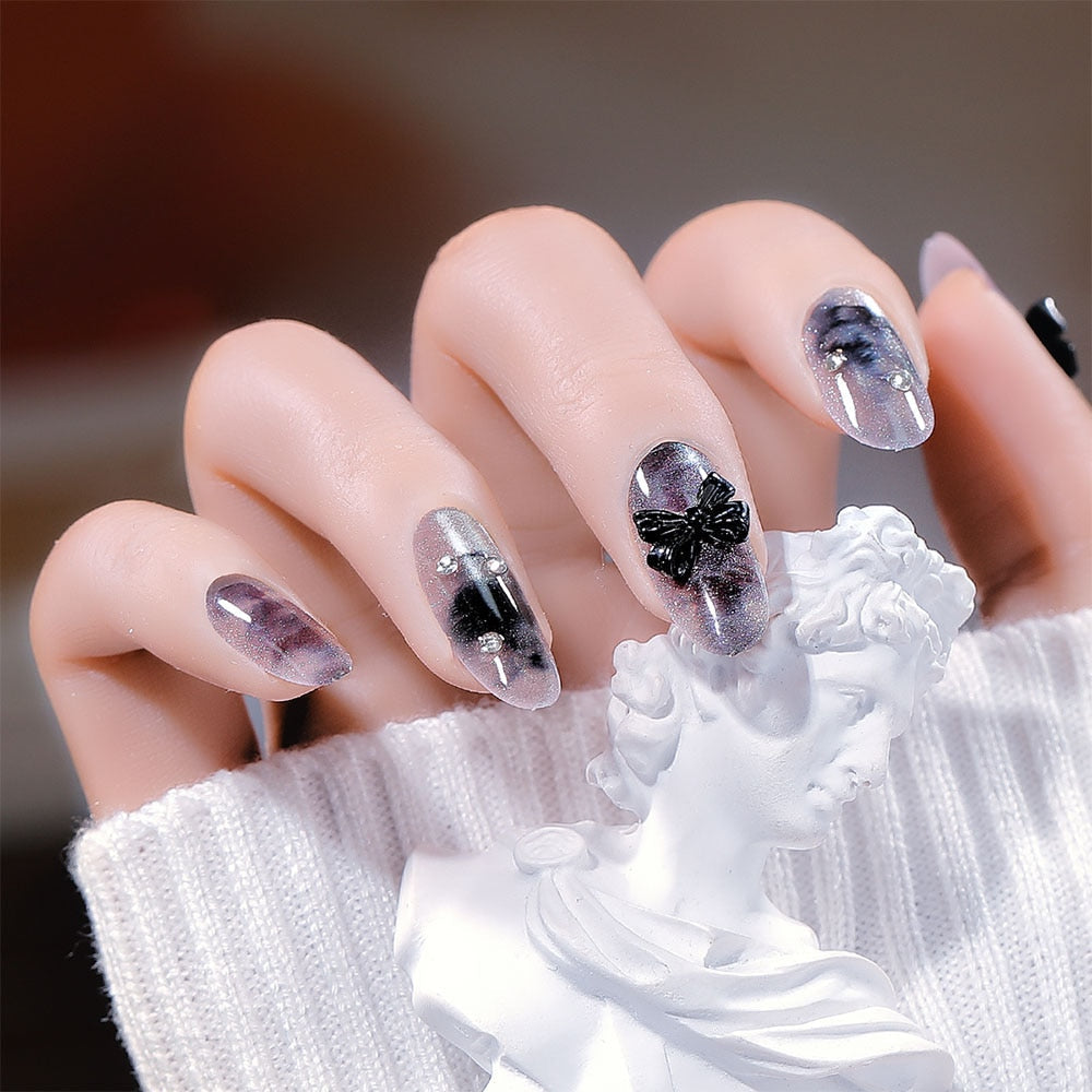 CNHIDS 24Pcs Charming Sparkling Purple Long Coffin False Nail Press On Nail Tips Girl Decoration Crystal Fake Nail With Design 8