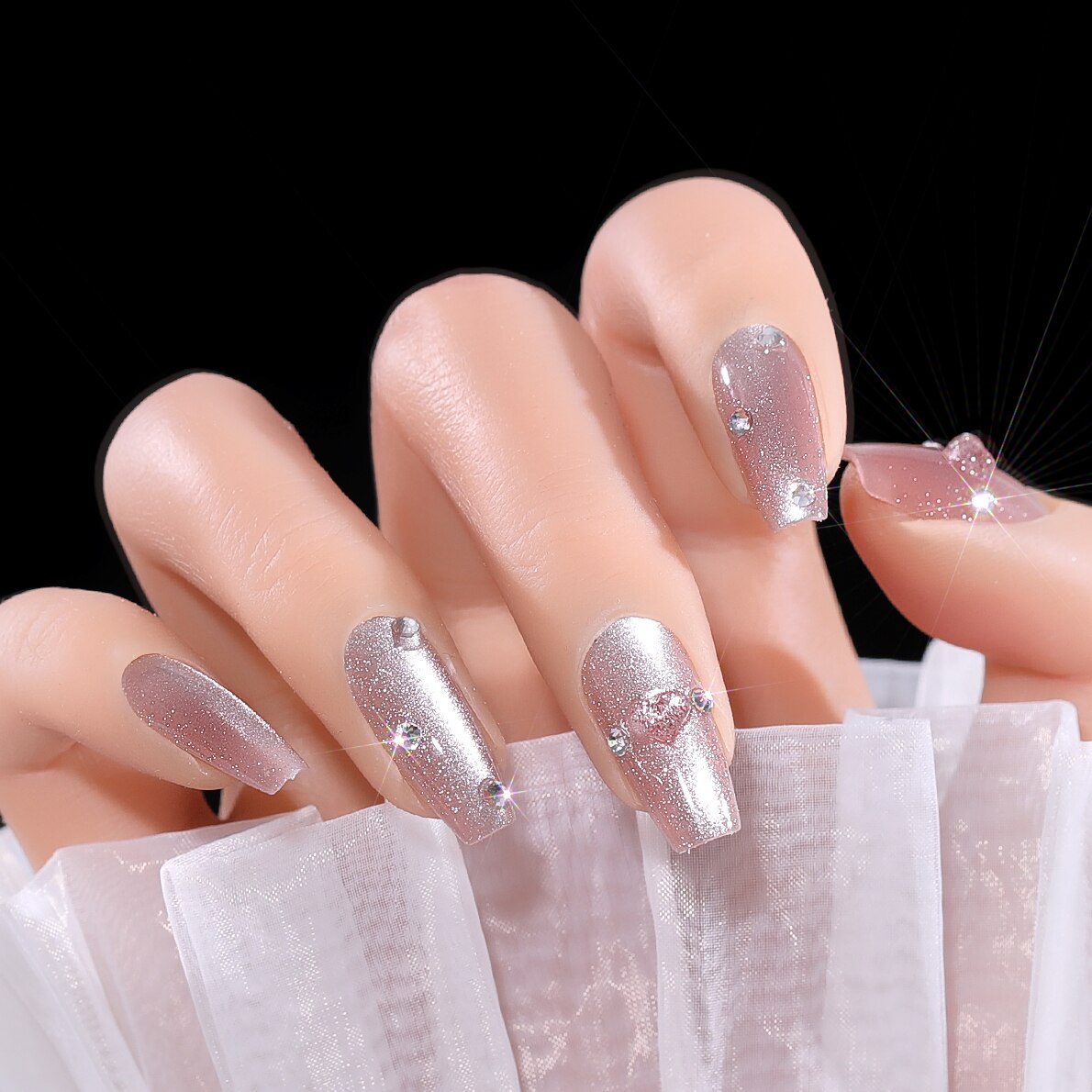 CNHIDS 24Pcs Charming Sparkling Purple Long Coffin False Nail Press On Nail Tips Girl Decoration Crystal Fake Nail With Design 31