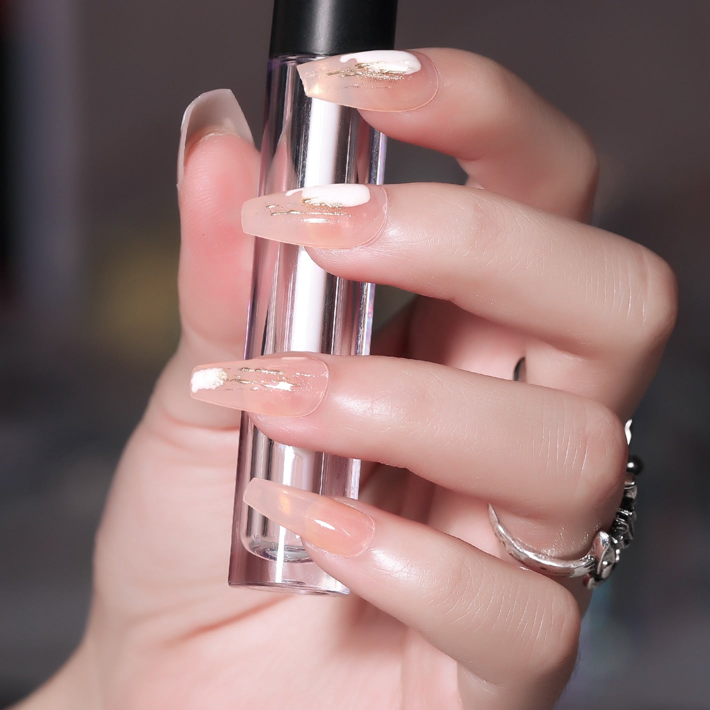 CNHIDS 24Pcs Charming Sparkling Purple Long Coffin False Nail Press On Nail Tips Girl Decoration Crystal Fake Nail With Design 28