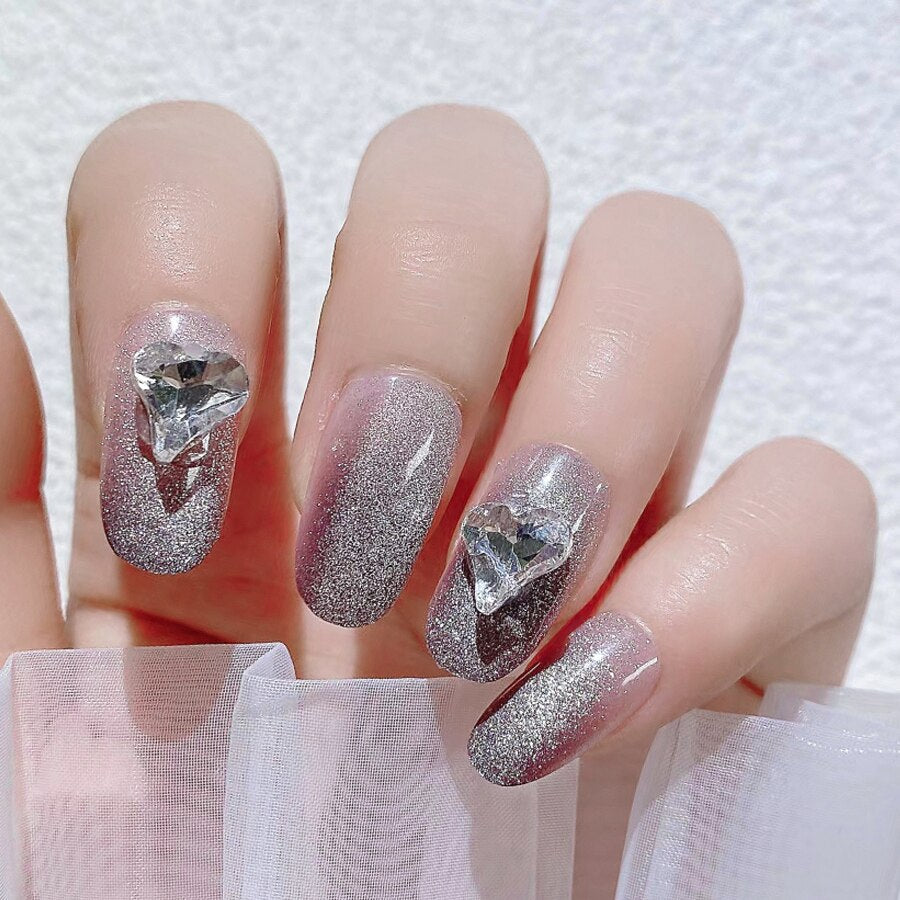 CNHIDS 24Pcs Charming Sparkling Purple Long Coffin False Nail Press On Nail Tips Girl Decoration Crystal Fake Nail With Design 15