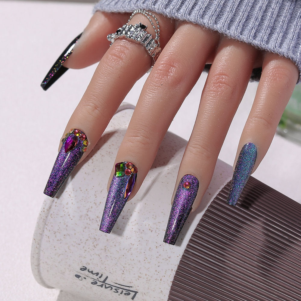 CNHIDS 24Pcs Charming Sparkling Purple Long Coffin False Nail Press On Nail Tips Girl Decoration Crystal Fake Nail With Design