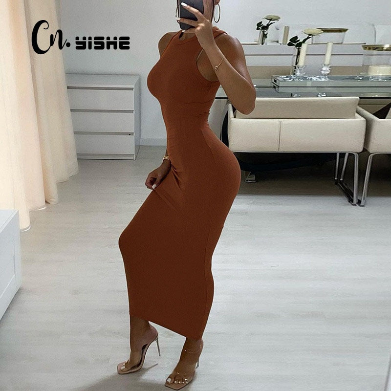 CNYISHE Ribbed Knitted Autumn Black Maxi Dress Women 2021 Sexy Party Bodycon Long Dress Round Neck Tight Dresses Robes Sundress AMAIO