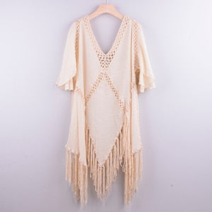 CROCHET BIKINI Backless Cover Up With Tassels Sexy V-neck Halter Beach Dress Women Summer Bathing Suit Beachwear beige one size