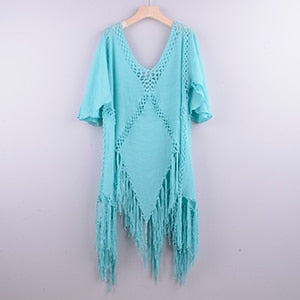 CROCHET BIKINI Backless Cover Up With Tassels Sexy V-neck Halter Beach Dress Women Summer Bathing Suit Beachwear sky blue one size