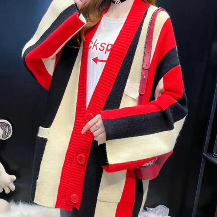Cardigan Women 2024 Autumn Winter Loose Sweater Coat Stripe Color Matching Knitted Cardigan Long Sleeve Tops Women's Clothing Red