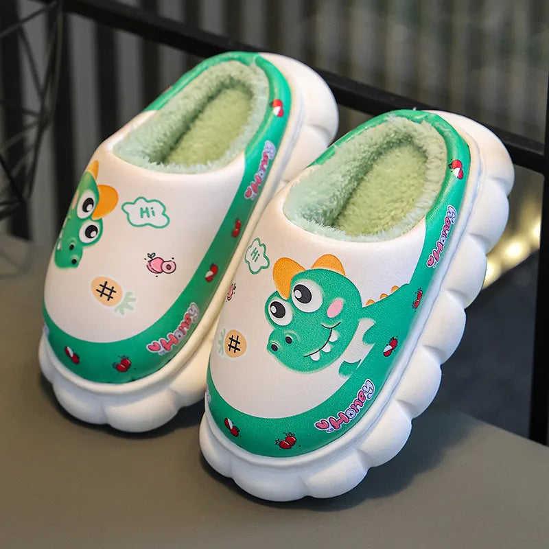 Cartoon Dinosaur Children Waterproof Plush Slippers Soft Sole Non-slip Winter Warm Baby Boys Indoor Home Cotton Shoes