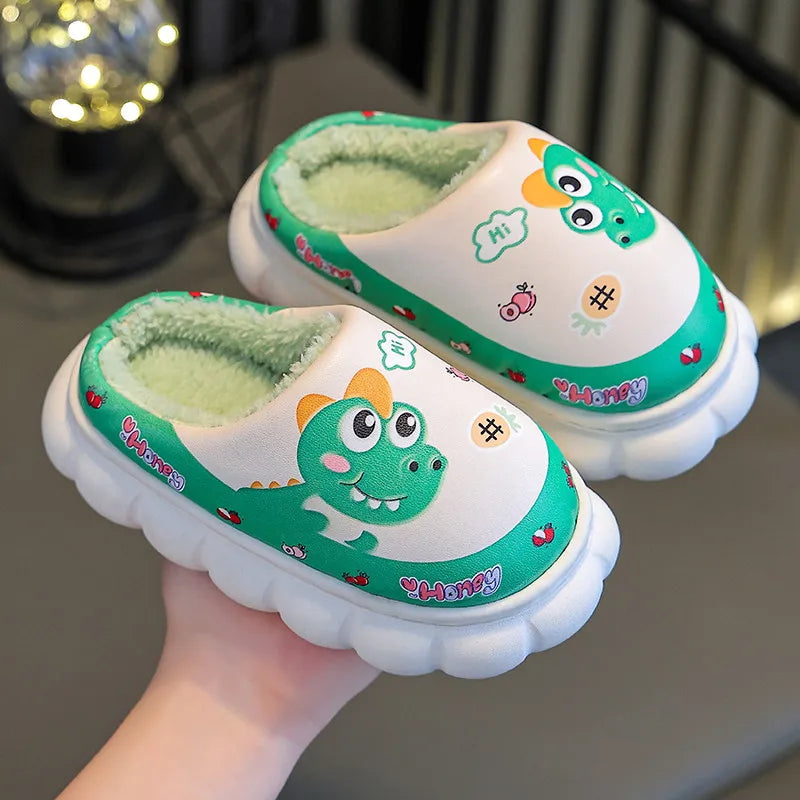 Cartoon Dinosaur Children Waterproof Plush Slippers Soft Sole Non-slip Winter Warm Baby Boys Indoor Home Cotton Shoes green