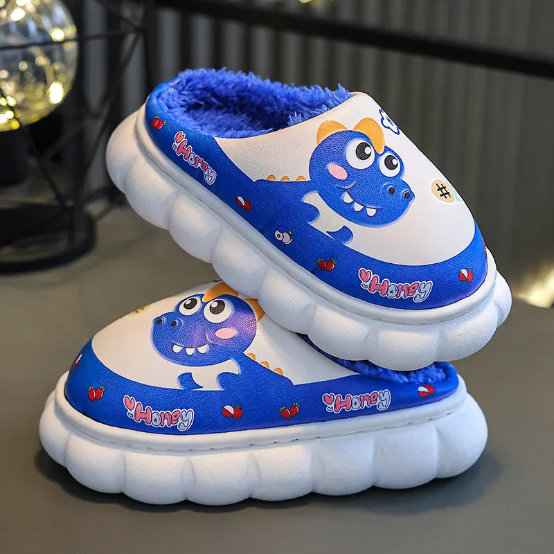 Cartoon Dinosaur Children Waterproof Plush Slippers Soft Sole Non-slip Winter Warm Baby Boys Indoor Home Cotton Shoes