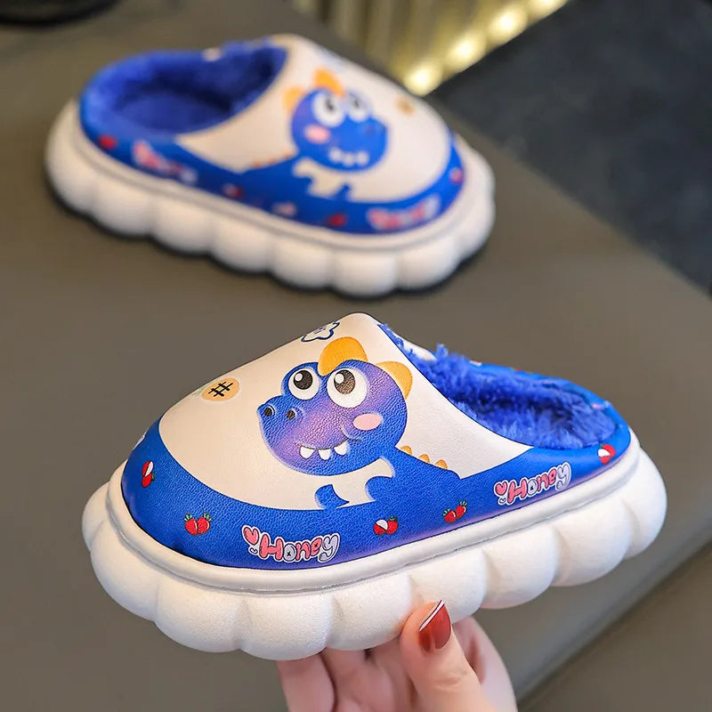 Cartoon Dinosaur Children Waterproof Plush Slippers Soft Sole Non-slip Winter Warm Baby Boys Indoor Home Cotton Shoes