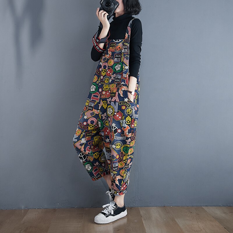 Cartoon Print Strap Jeans Casual Denim Jumpsuit Trousers Loose